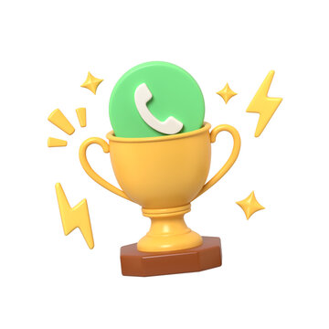A 3D golden trophy cup with a green telephone icon symbol inside surrounded by yellow flash and star shapes against a for communication success award.3d render