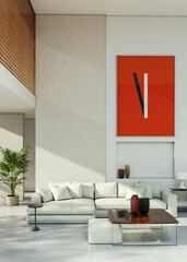 Fototapeta premium 3D render, illustration Fan Ventilation Large Luxury modern living room interior, brutalist architecture realistic lighting, Graphic Overlay wide angle, contemporary furniture, clean lines, minimal