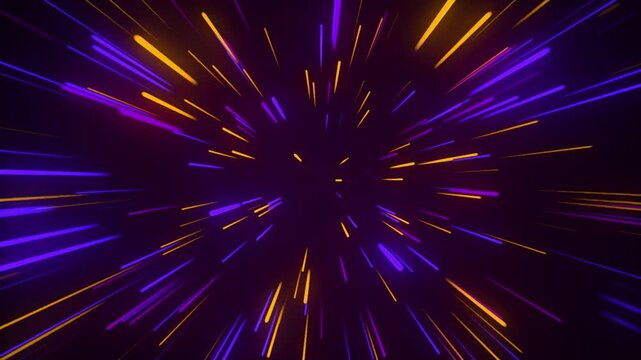 Neon warp speed abstract background, hyperspace travel effect with purple and orange light streaks