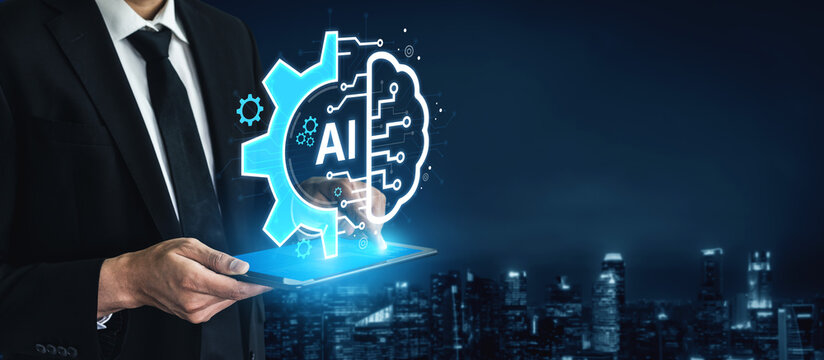 Concept of Artificial Intelligence combining industrial automation with cognitive technology. A machine learning brain processes information to optimize mechanical systems and workflows. Fermion