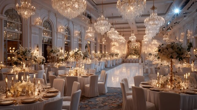 Effect hotel ballroom with chandeliers, festive tables and golden decorations. Elegant New Year's Eve celebration for hospitality advertising, events and travel promotions.