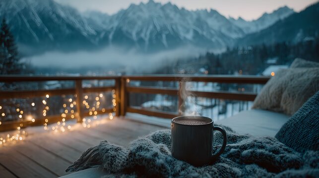 Hotel balcony overlooking snowy mountains with hot chocolate, cozy blanket and Christmas lights. Premium winter travel getaway for hospitality advertising and seasonal tourism campaigns.