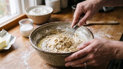 Fototapeta premium Hands whisking batter in a rustic bowl with flour and butter on a wooden counter near a window