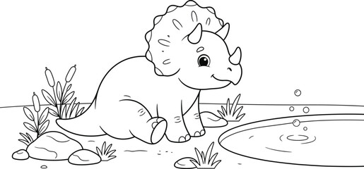 Cute Triceratops dinosaur coloring page for kids, simple line art illustration for children. A cute baby triceratops dinosaur line art for children coloring page. © Malika