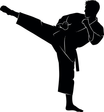 Martial arts karate silhouette, fighter performing high kick in gi uniform, combat sports athlete vector illustration