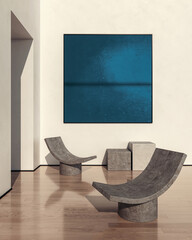 Fototapeta premium 3D render, illustration Fan Ventilation Large Luxury modern living room interior, brutalist architecture realistic lighting, Graphic Overlay wide angle, contemporary furniture, clean lines, minimal
