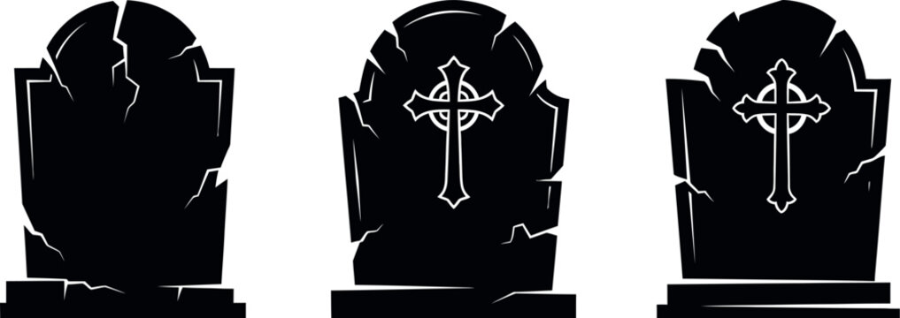 Spooky Halloween gravestones set, cracked stone tombstones with celtic crosses, 3 black cemetery headstone vectors for gothic designs