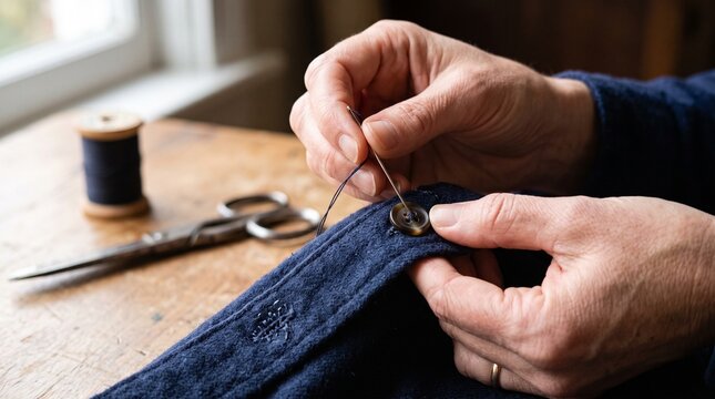 Close up of hands sewing a button onto dark blue fabric with needle and thread, vintage scissors and spool in background