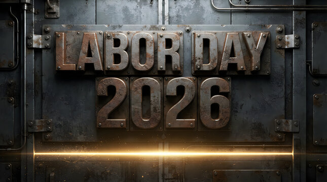 Labor day 2026 text with bold metallic 3d letters on a dark industrial metal background