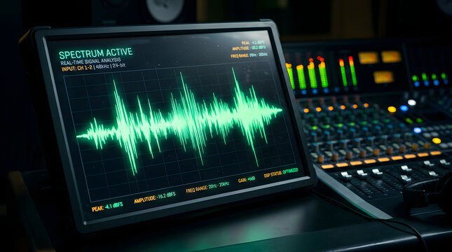 Digital audio sound waveform spectrum analyzer on a studio monitor display with a professional mixing console and sound engineering equipment in a recording studio