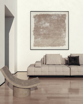 3D render, illustration  Fan Ventilation Large Luxury modern living room interior,  brutalist architecture realistic lighting,  Graphic Overlay wide angle, contemporary furniture, clean lines, minimal