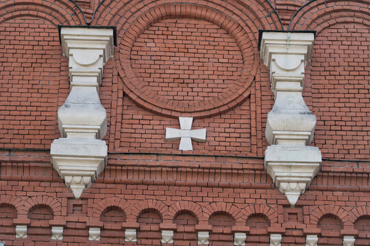Intricate brickwork and decorative elements on the Holy Assumption Cathedral in Tula Russia showcasing architectural beauty