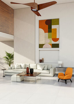 3D render, illustration  Fan Ventilation Large Luxury modern living room interior,  brutalist architecture realistic lighting,  Graphic Overlay wide angle, contemporary furniture, clean lines, minimal
