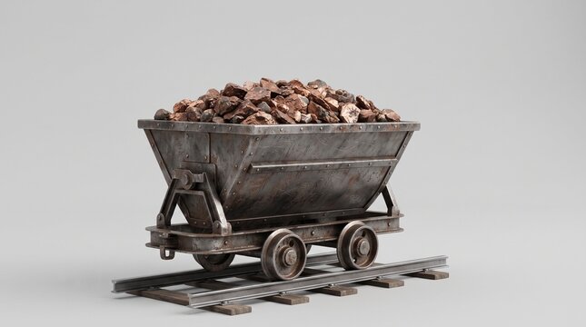 Rusty mining cart filled with rocks on a railway track  