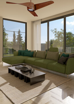 3D render, illustration  Fan Ventilation Large Luxury modern living room interior,  brutalist architecture realistic lighting,  Graphic Overlay wide angle, contemporary furniture, clean lines, minimal