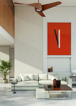 3D render, illustration  Fan Ventilation Large Luxury modern living room interior,  brutalist architecture realistic lighting,  Graphic Overlay wide angle, contemporary furniture, clean lines, minimal