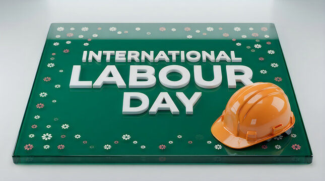 International labour day greeting card with a construction worker hard hat on a green background