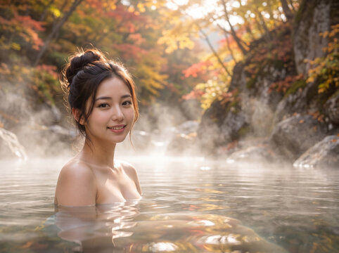 美しい紅葉に囲まれた秘湯の川原で暖かな湯船に浸かり微笑む女性