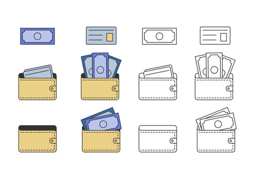 Cash wallet icons featuring linear outlines and colored banking symbols