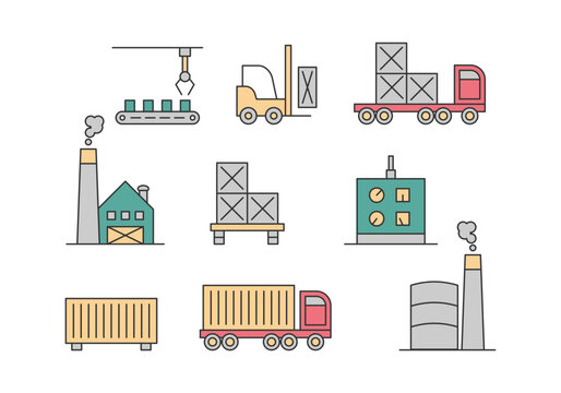 Factory logistics and supply chain industrial icon set for manufacturing