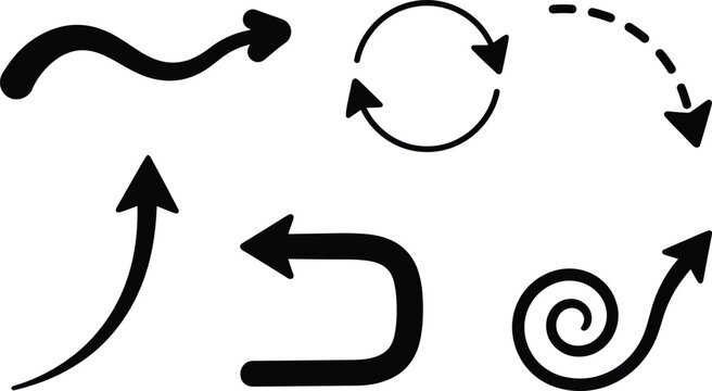 Stylized black arrow icons set featuring wavy, circular loop, dashed curve, thick curved, right‑angle, and spiral directional designs for navigation and motion concepts