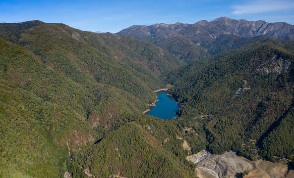 Mounains Lagoon Embalse Bullileo en region Maule, Chile. Aerial drone view
