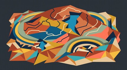 Obraz premium Abstract geometric composition with vibrant polygons, swirling lines, and dynamic shapes in warm.