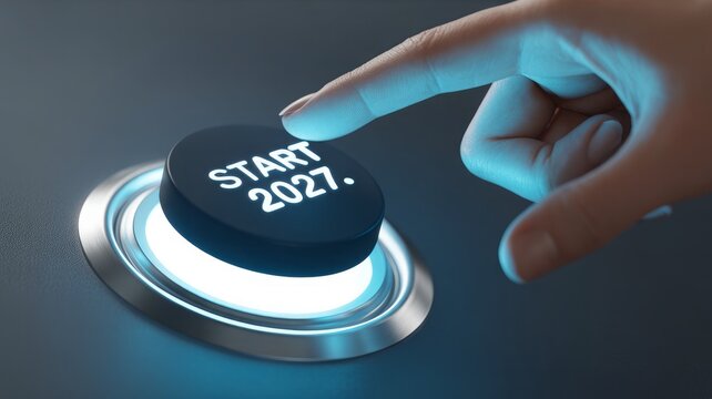 Hand pressing futuristic start button labeled 2027