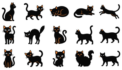 Fototapeta premium Collection of stylized black cat illustrations in various playful and dynamic poses