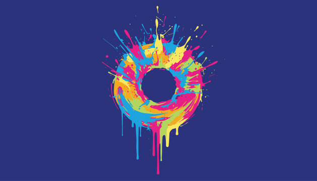 Vibrant colorful paint splash circle shape resembling a donut on a dark blue background vector illustration.