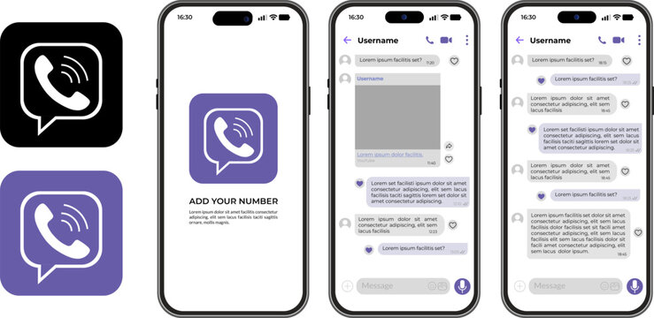 Viber messenger chat interface elements, social network mobile application design, phone chat mockups