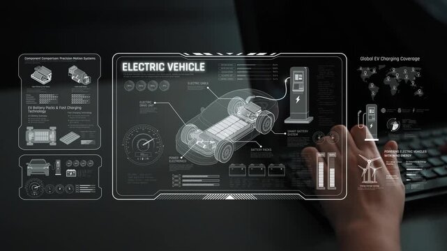 Technical layout of electric vehicle showing battery system, power control, traction motor, charging interface, and integration with renewable and smart energy sources Marrow