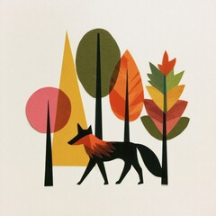 Naklejka premium Abstract forest illustration with fox, geometric trees, autumn colors