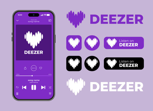 Deezer music app interface layout, purple smartphone player design, streaming service branding elements