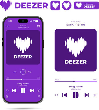 Deezer music player audio interface, streaming mobile application branding, digital sound service layout