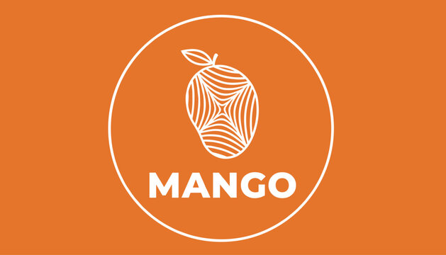 Minimal mango brand logo with a circular white line outline and stylized geometric fruit icon on orange background.