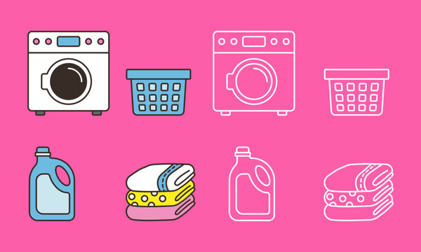 Washing machine icons with laundry basket and detergent bottle graphic