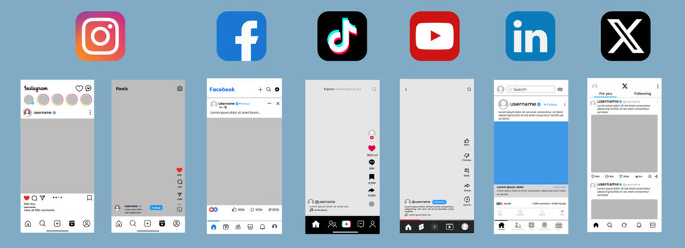Instagram, Facebook, and TikTok layouts, Social media app design templates, Multi platform interface mockups