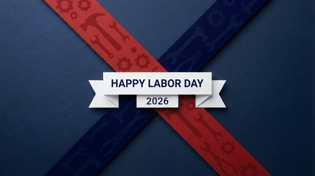 Happy labor day 2026 banner with tools pattern on a dark blue background