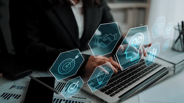 Head with gear and icons representing learning, digital training, and development process, showing skill growth for human or AI systems through knowledge or task optimization Marrow
