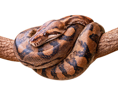 Coiled brown python reptile head isolated on transparent background PNG element