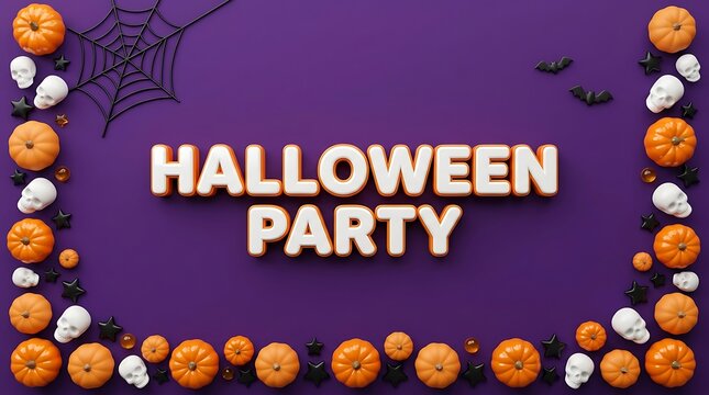 Halloween party text banner framed by pumpkins skulls and web on purple