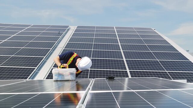 Technician installing solar panels on factory roof for green energy. A skilled technician in safety gear is working on a solar panel installation on rooftop. clean energy renewable power technology.