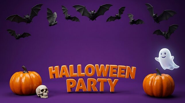 Halloween party text banner decorated with bats ghost pumpkins and skull