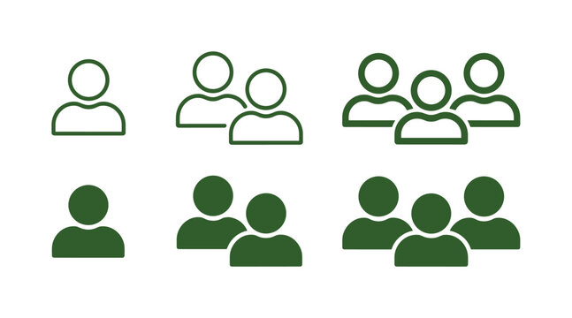 Group Icons: Simple line and solid icons depicting increasing group sizes. human pictogram, team representation, abstract figure, community symbol, headcount.