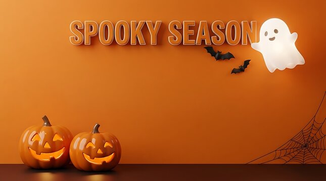 Spooky season banner with glowing ghost and jack o lanterns halloween seasonal