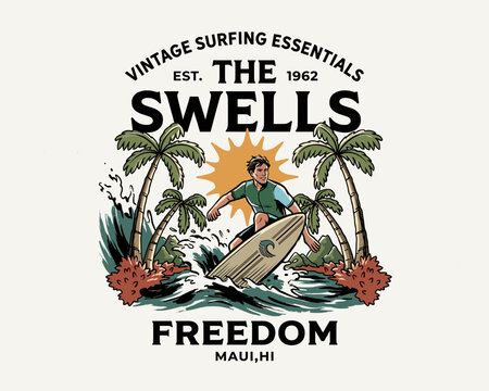 Vintage surfing t-shirt graphic design. Retro surfer on ocean wave illustration. Maui Hawaii summer beach vibes poster. Tropical island artwork.