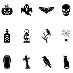 Fototapeta premium Black silhouette halloween icons set including ghosts pumpkins skulls and more