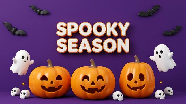 Spooky season halloween background with pumpkins and little ghosts, halloween