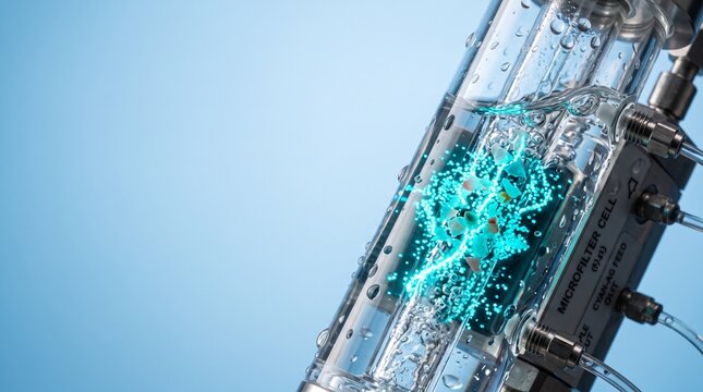 A macro view of magnetic nanoparticles attracting microplastics in a water filtration system, showcasing advanced environmental cleanup technology. Ideal for science communication
